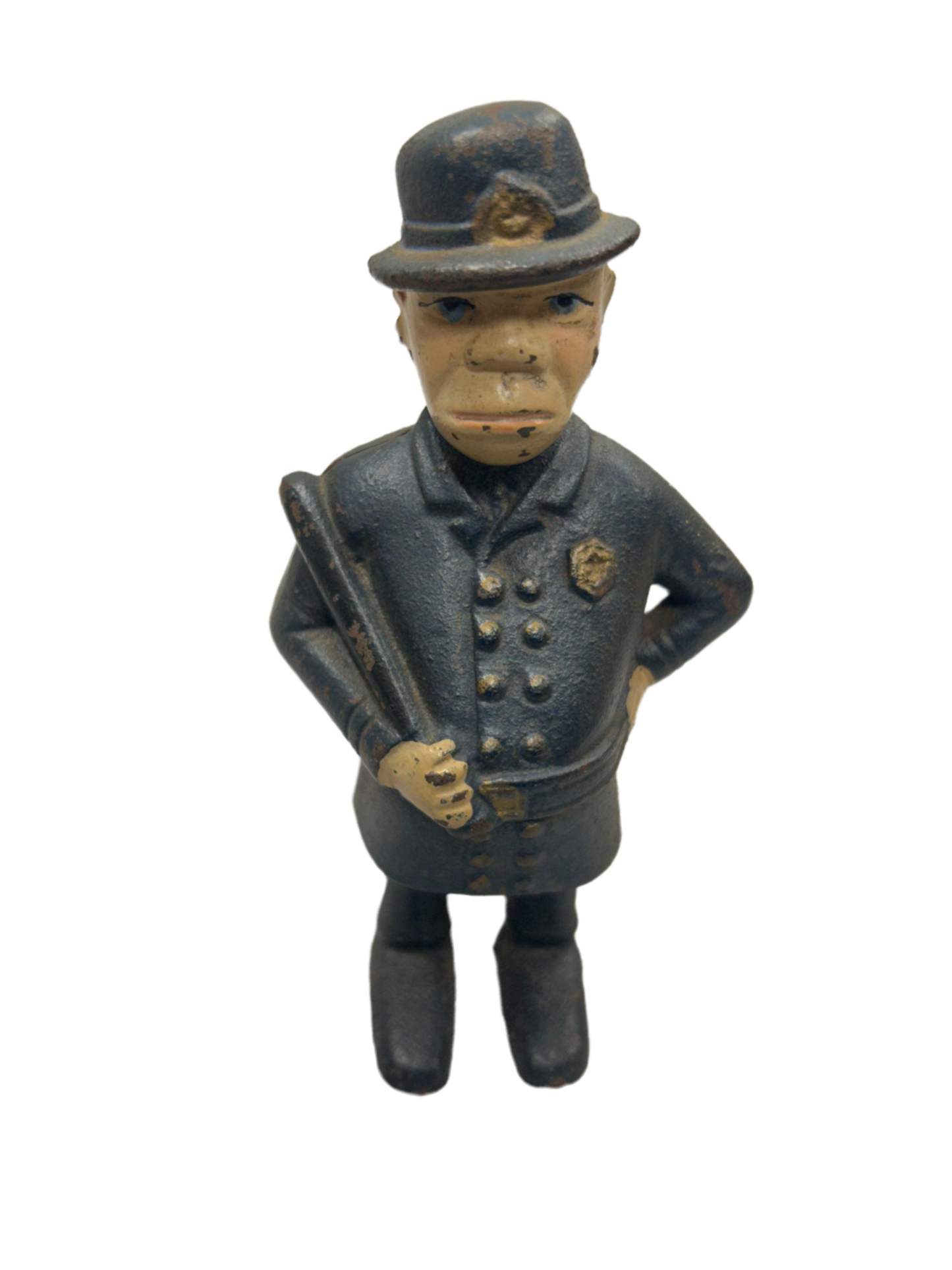 This artifact, blending wood and metal, mirrors the authoritative stance of a police officer. With its sleeve-like design, it represents resilience and cultural significance. Available at the hearing clinic at Allard Audiology.