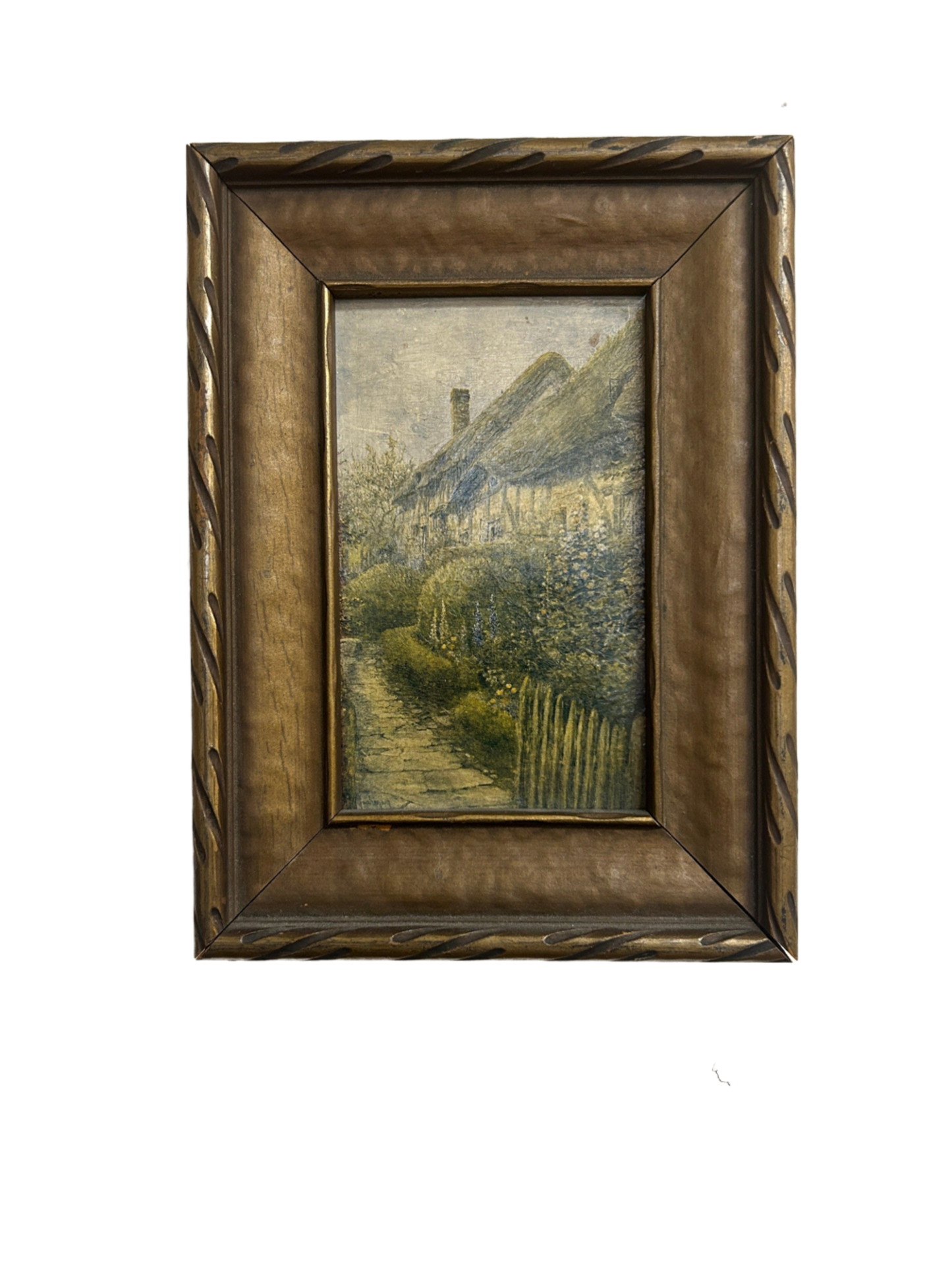 Skillfully framed in brown, this mesmerizing painting captivates with its play of tints and shades, creating a visually stimulating illustration that exudes elegance and antique charm, available at the hearing clinic at Allard Audiology.