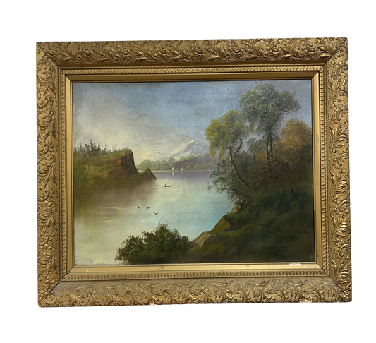 This stunning artwork, encased in an elegant wooden frame, captures the essence of nature's beauty with a harmonious landscape of trees, plants, and a serene horizon, infusing any space with tranquility and serving as a timeless piece that transcends trends, available at the hearing clinic at Allard Audiology.
