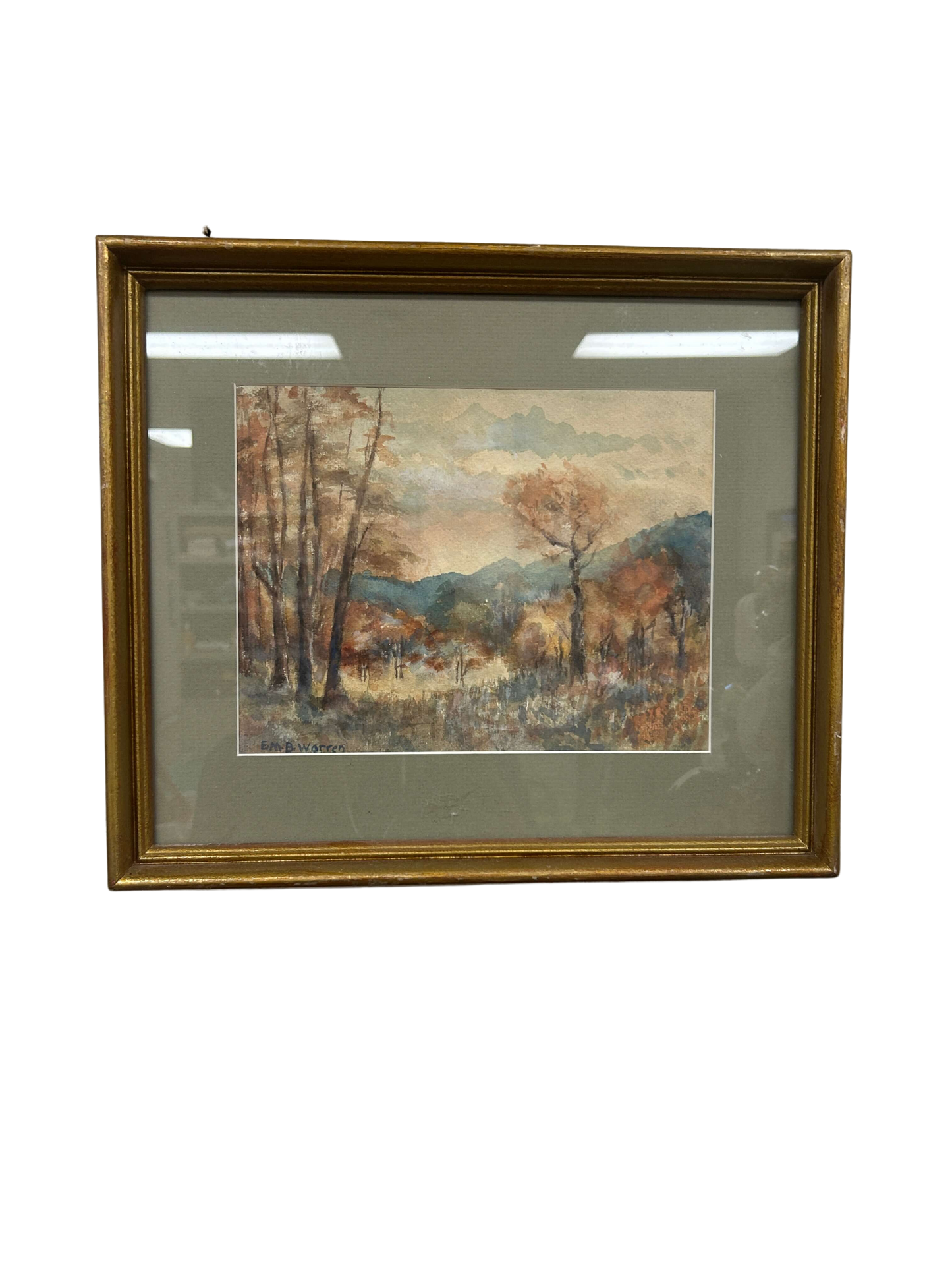 Framed watercolor artwork showcasing a serene landscape of forest, mountain, and grass in brown hues, reflecting the artist's mastery in capturing nature's depth and tranquility.Available at the hearing clinic at Allard Audiology.