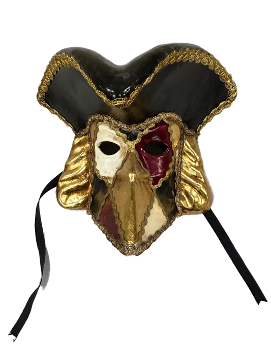 Intricately detailed Gold Traditional Mask made of metal and brass with gold and emerald accents, representing cultural heritage and ceremonial blessings, available to support Allard Audiology.