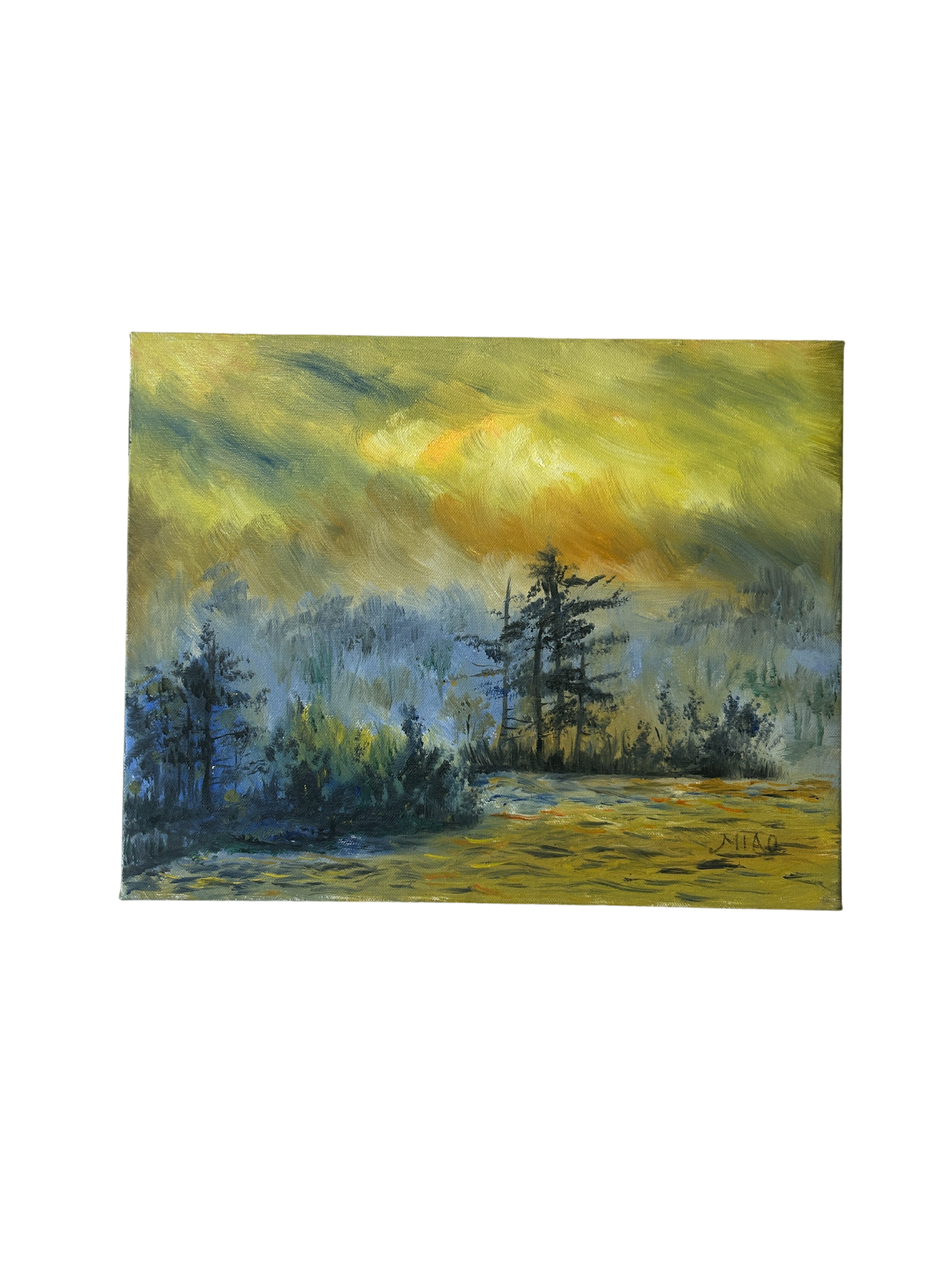 This acrylic and watercolor painting on quality paper captures a serene forest scene, reflecting nature's profound influence on human emotions and serving as a cultural celebration of its beauty, available at the hearing clinic at Allard Audiology.
